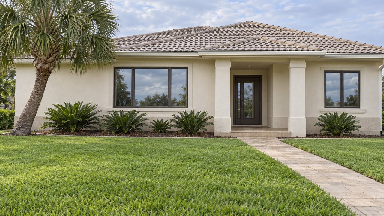 Ivory stucco home with a pale tiled hip roof, bronze-framed windows and covered entry beyond a deep lawn and paver walk.
