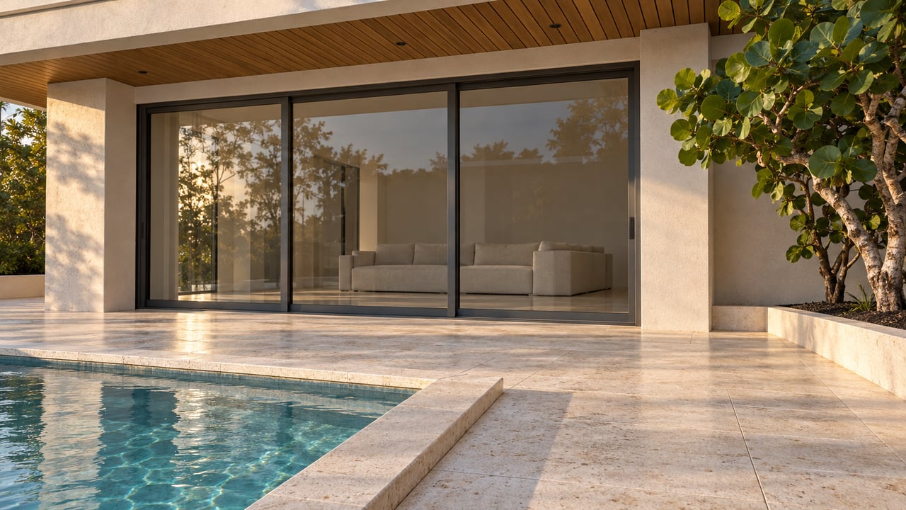 Low-angle view of a limestone terrace, enclosed glass living room, wood-slat soffit and a blue-green pool corner beside a sea grape tree.