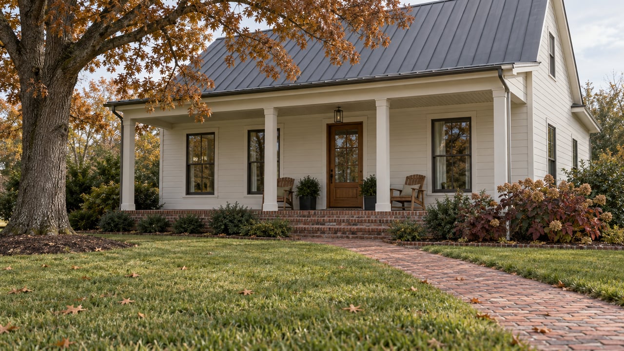 Updated white-sided home with a covered brick porch, deep autumn lawn, and a mature oak tree.