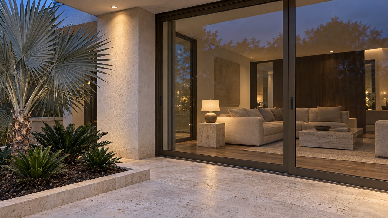 Blue-hour limestone terrace beside a glass-enclosed living room, with pale stucco, bronze frames and a silver palm.