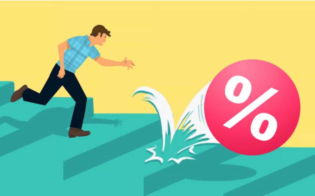 Illustration of a man leaping beside a large percent symbol on teal steps.