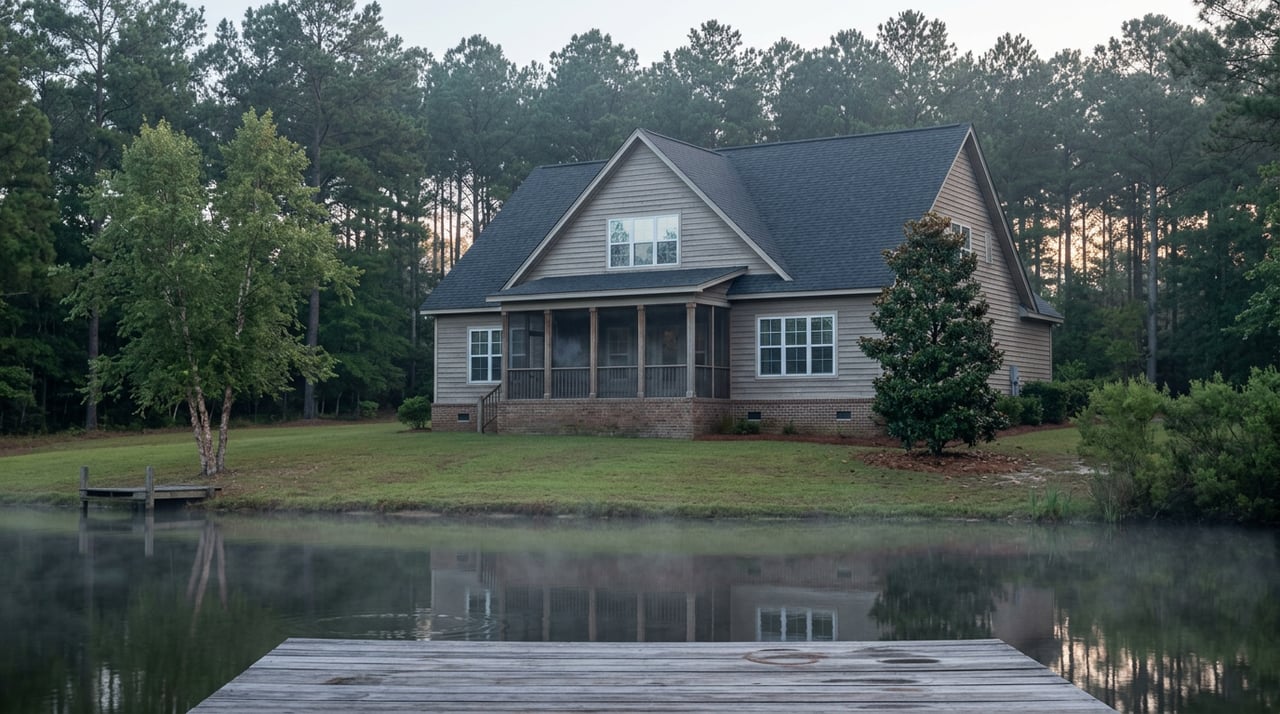 Two-story lakeside house with a screened porch, reflected in misty water and backed by tall pines.
