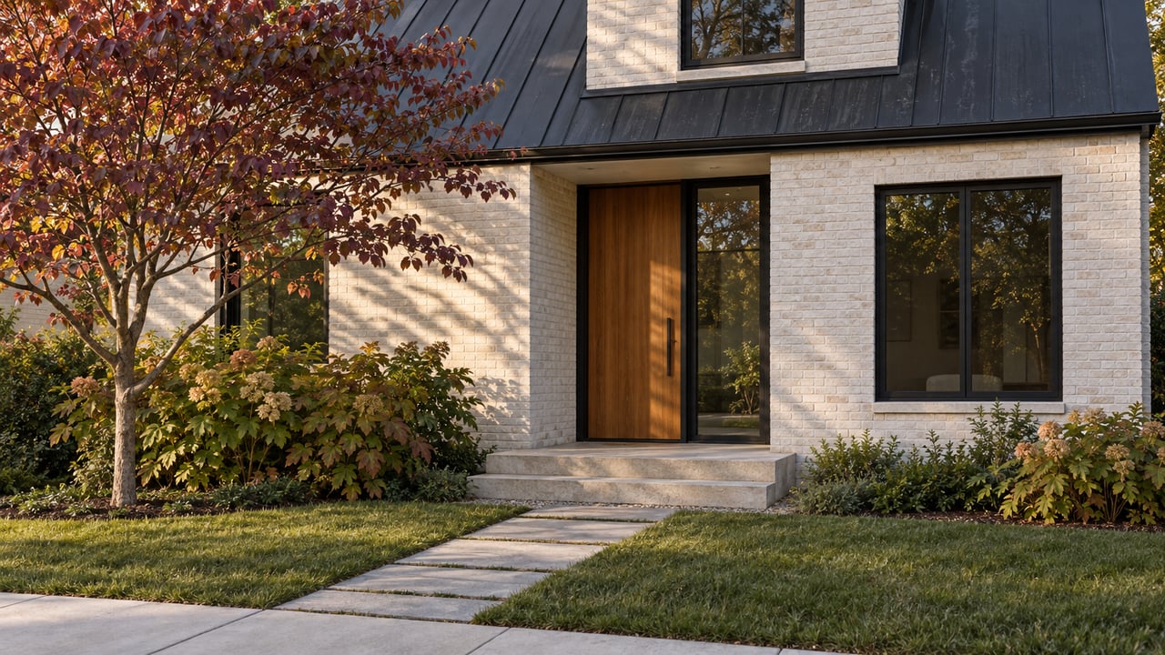 Compact white-brick house with a charcoal gable, warm wood door, limestone stoop, and redbud tree.