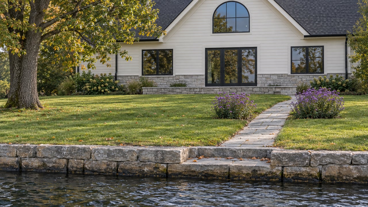 Lake-facing house with off-white siding, gabled roof, arched window, and stone path crossing a broad lawn to shore.