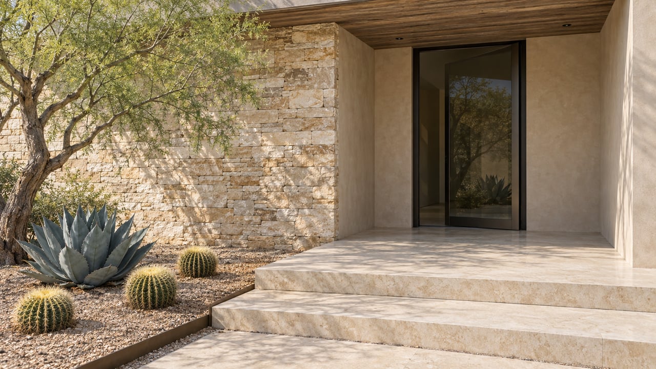 Recessed glass entry beside a stacked-stone wall, with limestone steps and sparse desert plants.