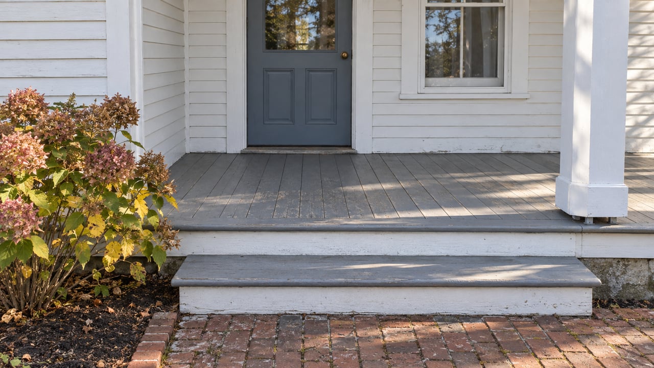 White clapboard cottage entry with a blue-gray door, weathered painted porch steps, red brick approach, and an autumn hydrangea.