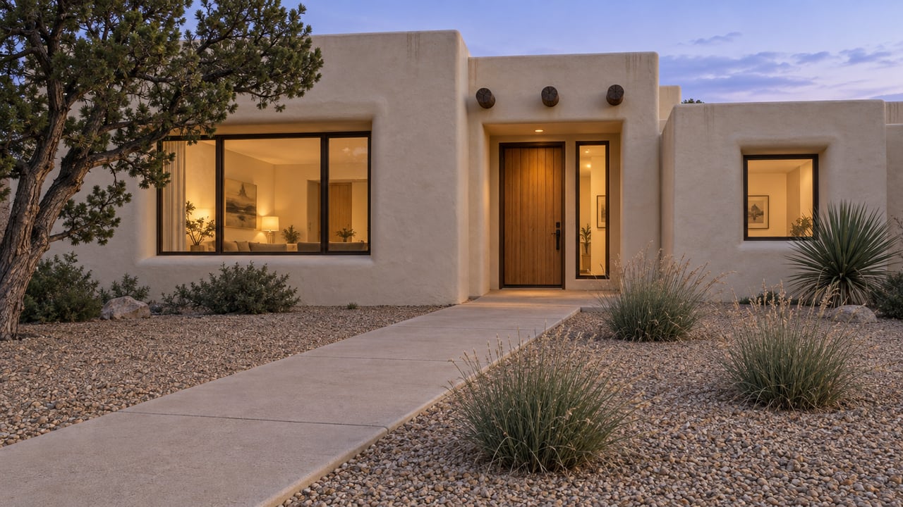 Twilight over a cream stucco home with a recessed timber entrance, warm windows, and a gravel garden with pinyon pine and blue grama.