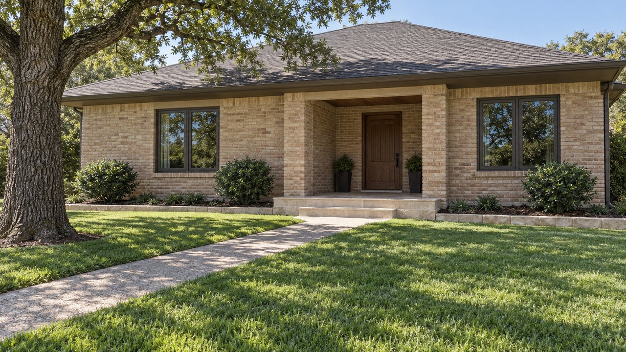 Buff-brick home with a recessed oak entry, limestone porch steps, deep front lawn and a mature spreading oak in afternoon light.