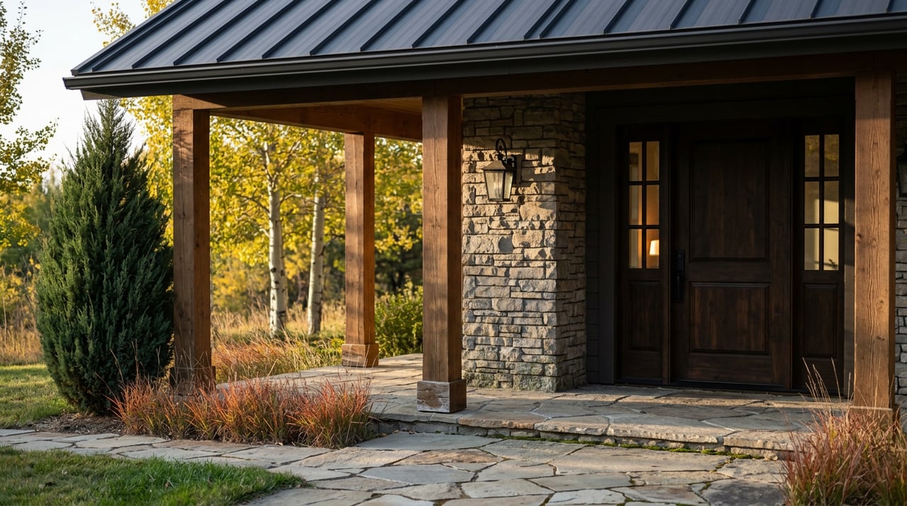 Covered porch with timber posts, a stone pier and lantern, dark walnut door, and autumn grasses beside golden aspens.