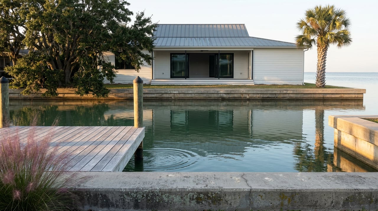 Concrete seawall cap and weathered teak dock beside canal water, with a coastal home and lanai beyond.