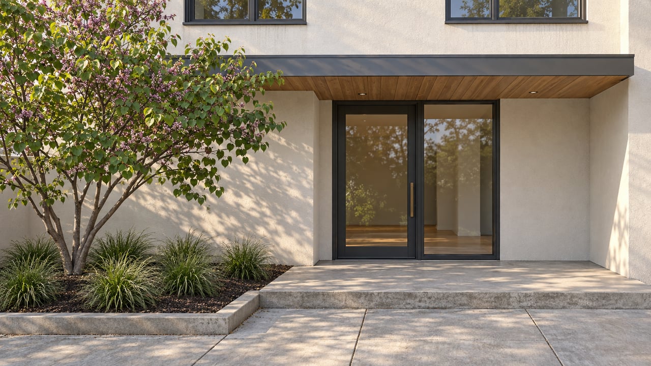 Updated home entrance with charcoal-framed glazing, a wood-lined canopy, concrete paving and a western redbud beside the doorway.
