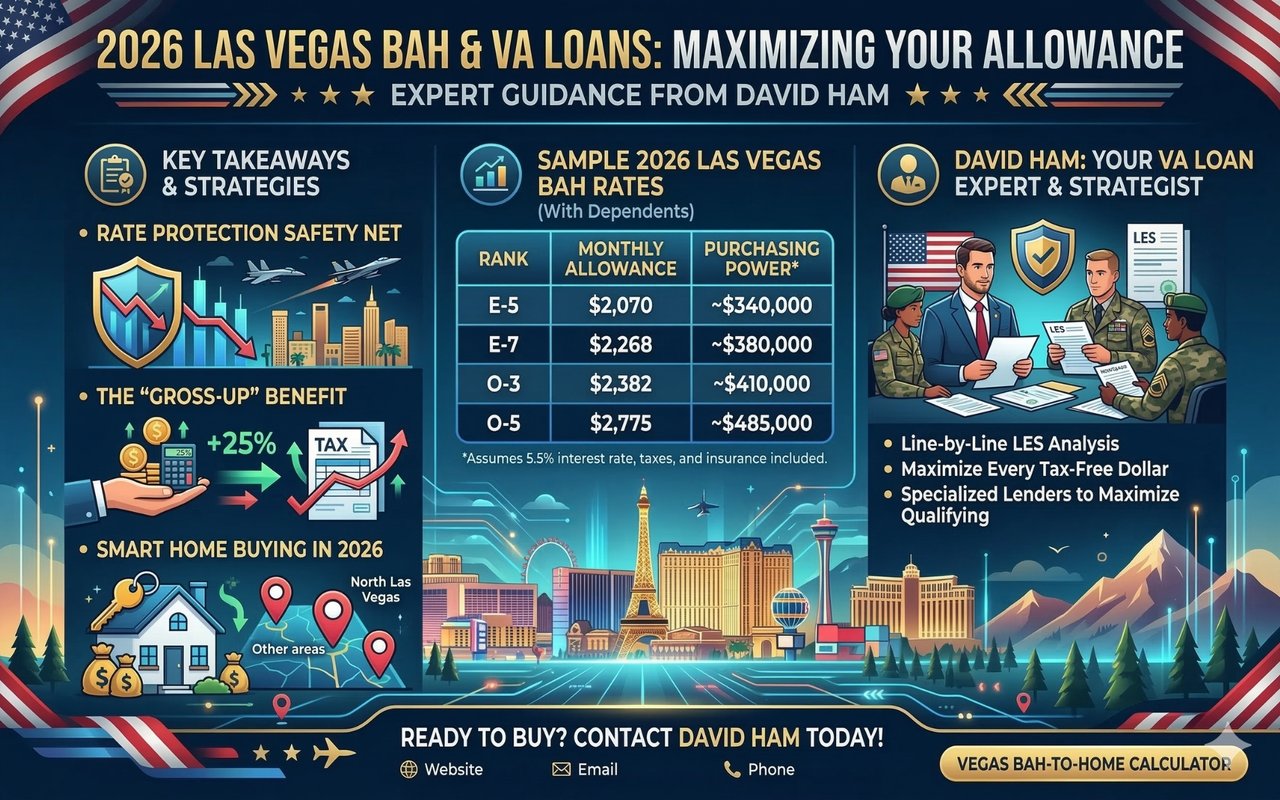 An infographic detailing 2026 Las Vegas BAH rates for Nellis and Creech AFB. It features a military purchasing power chart, explains the VA loan 25% gross-up benefit, highlights the rate protection safety net, and offers expert home-buying guidance from local Las Vegas realtor David Ham.