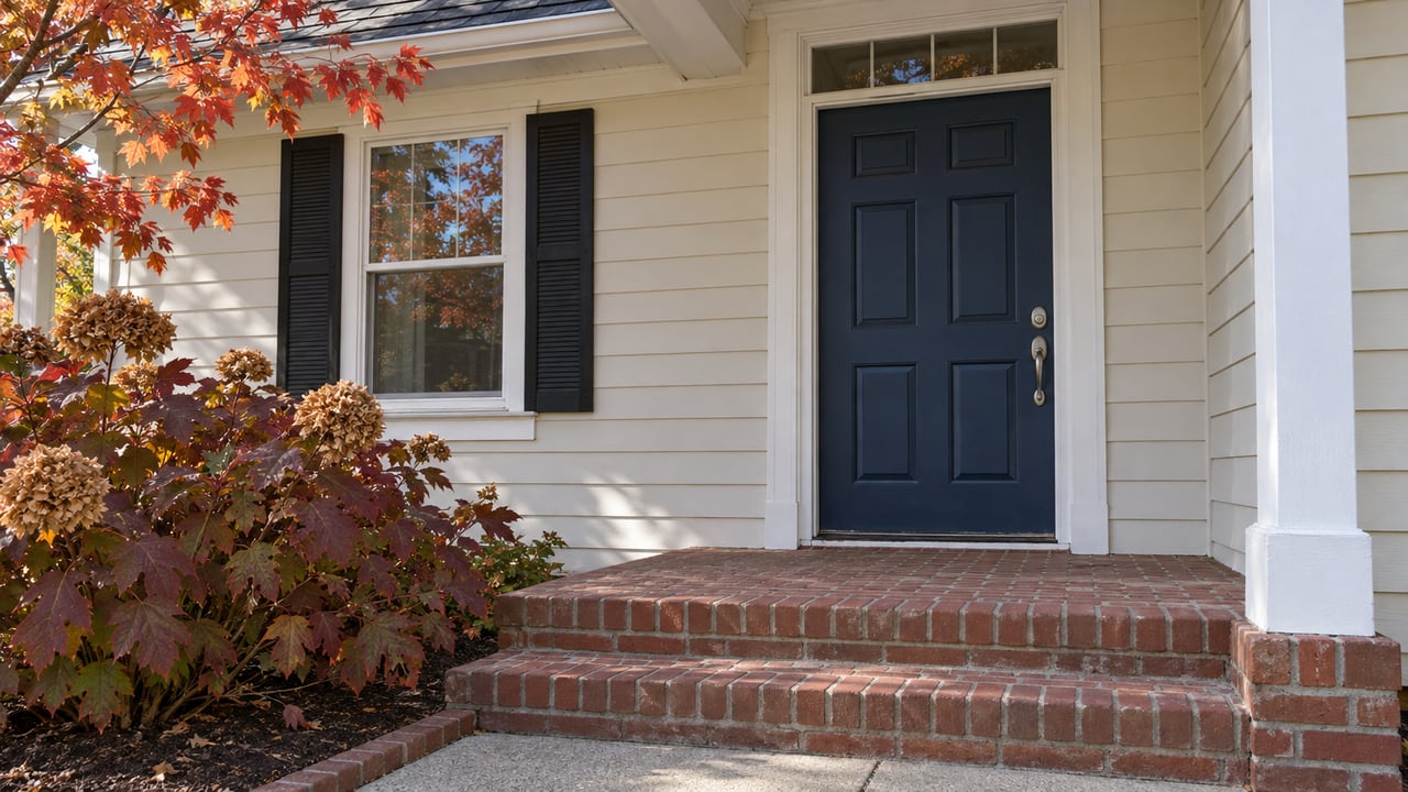 Cream clapboard home with a blue front door, red brick porch steps and burgundy oakleaf hydrangea leaves in October sunlight.