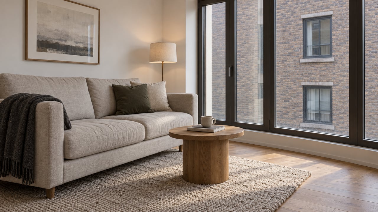 Living room with a gray sofa, round wood coffee table, textured rug, and large windows facing a brick building.