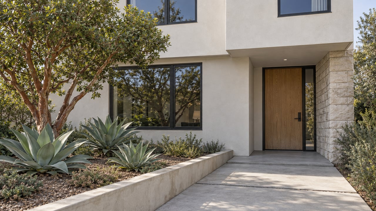 Sunlit contemporary home with pale stucco, oak entry door, concrete approach and sculptural planting.