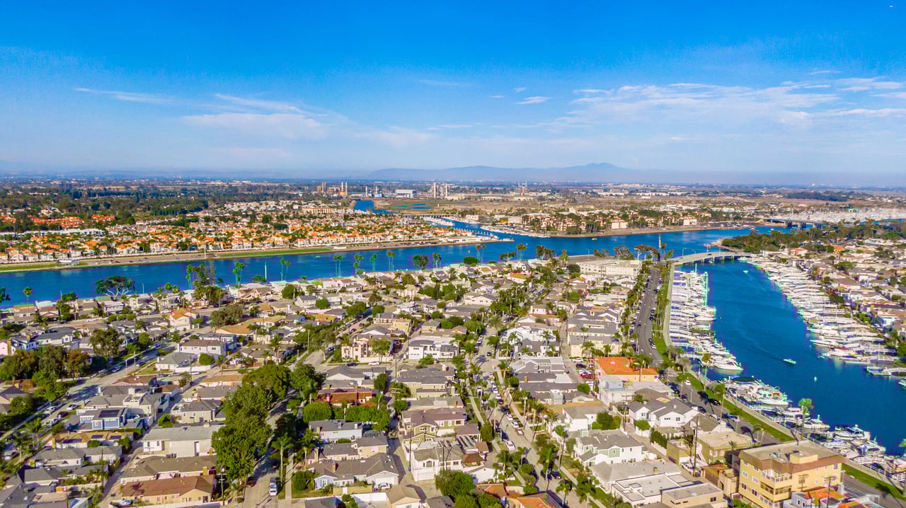 Aerial of Belmont Shore Neighborhood with Alamitos Bay