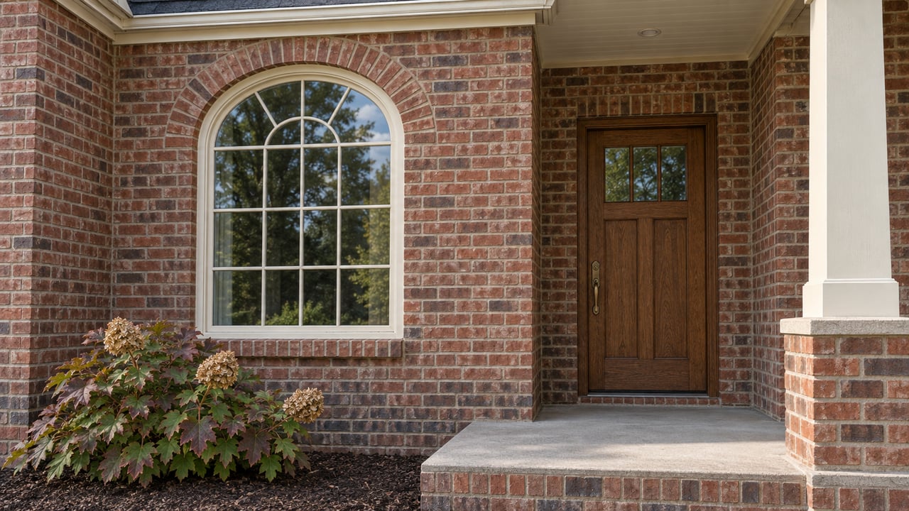 Arched window in red-brown brick beside a shaded oak front door, with oakleaf hydrangea below the sill.