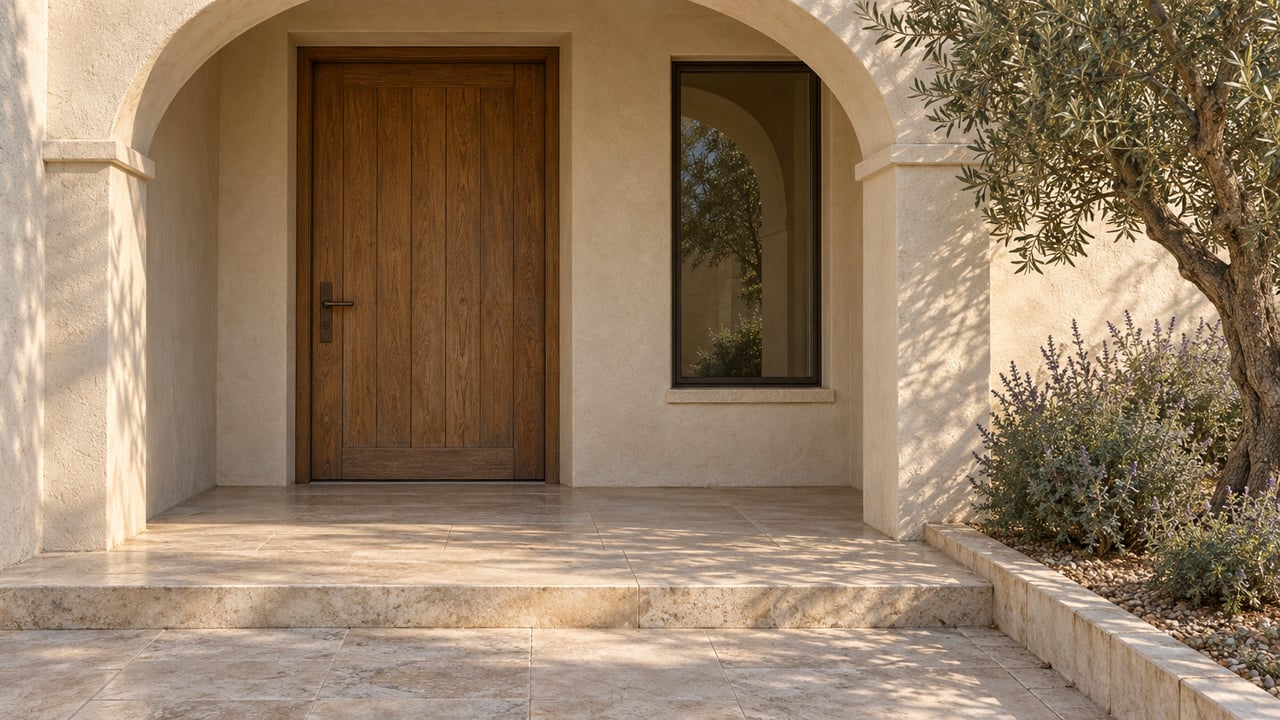 Cream stucco arched entrance with an oak door, limestone paving, and a mature olive beside the landing.