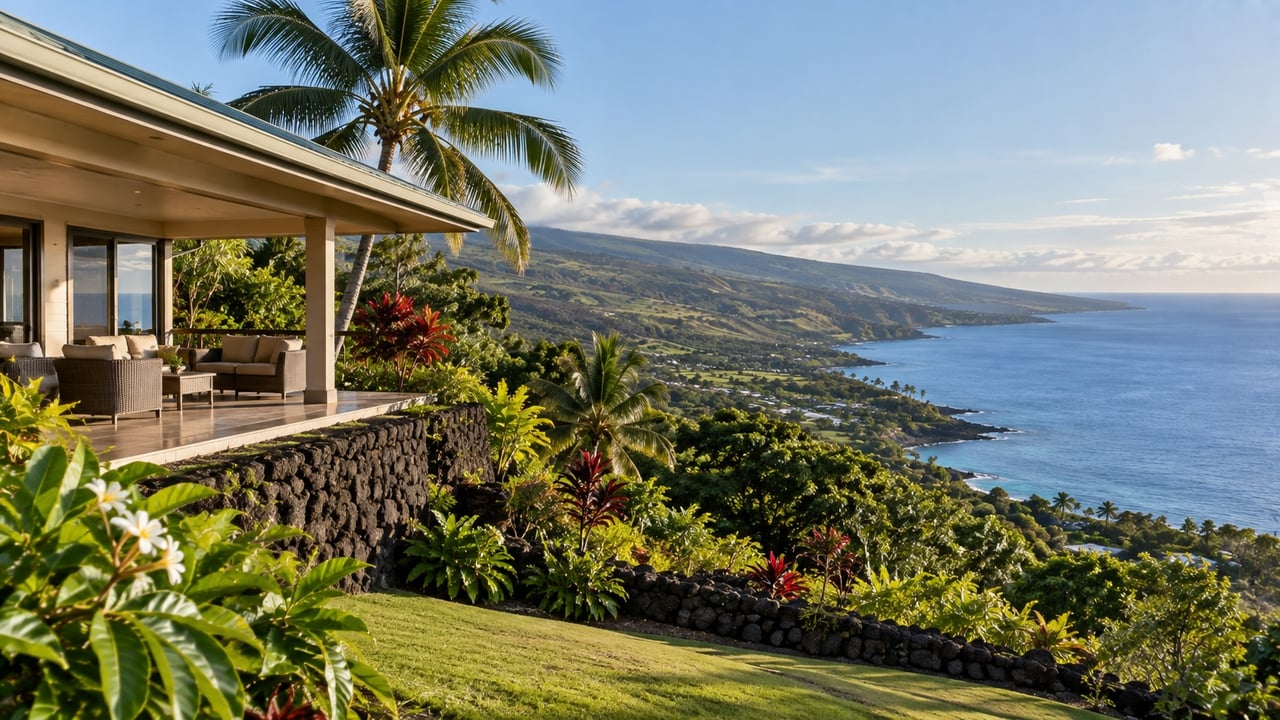 Hawaiian home lanai overlooking a blue coastline, with palms and lava-rock landscaping.