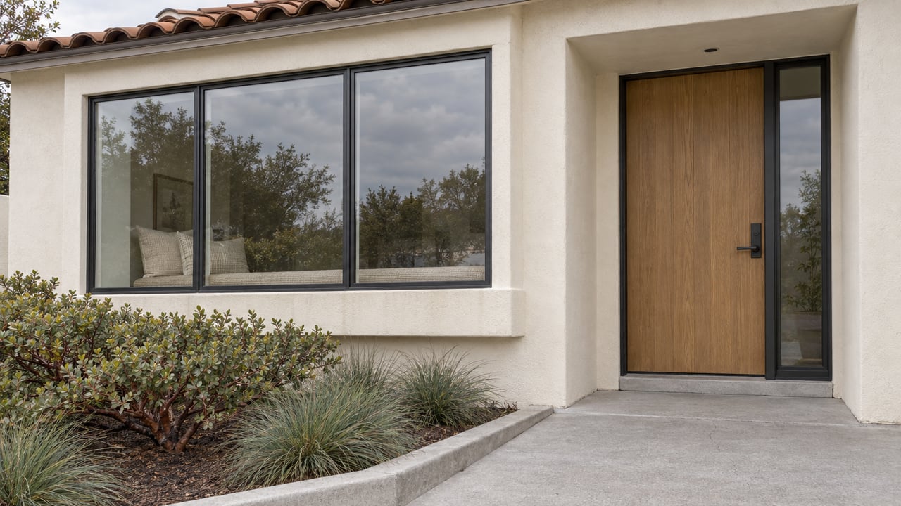 Ivory stucco home with dark-framed windows, an oak entry door, clay roof tiles and a small manzanita planting bed.