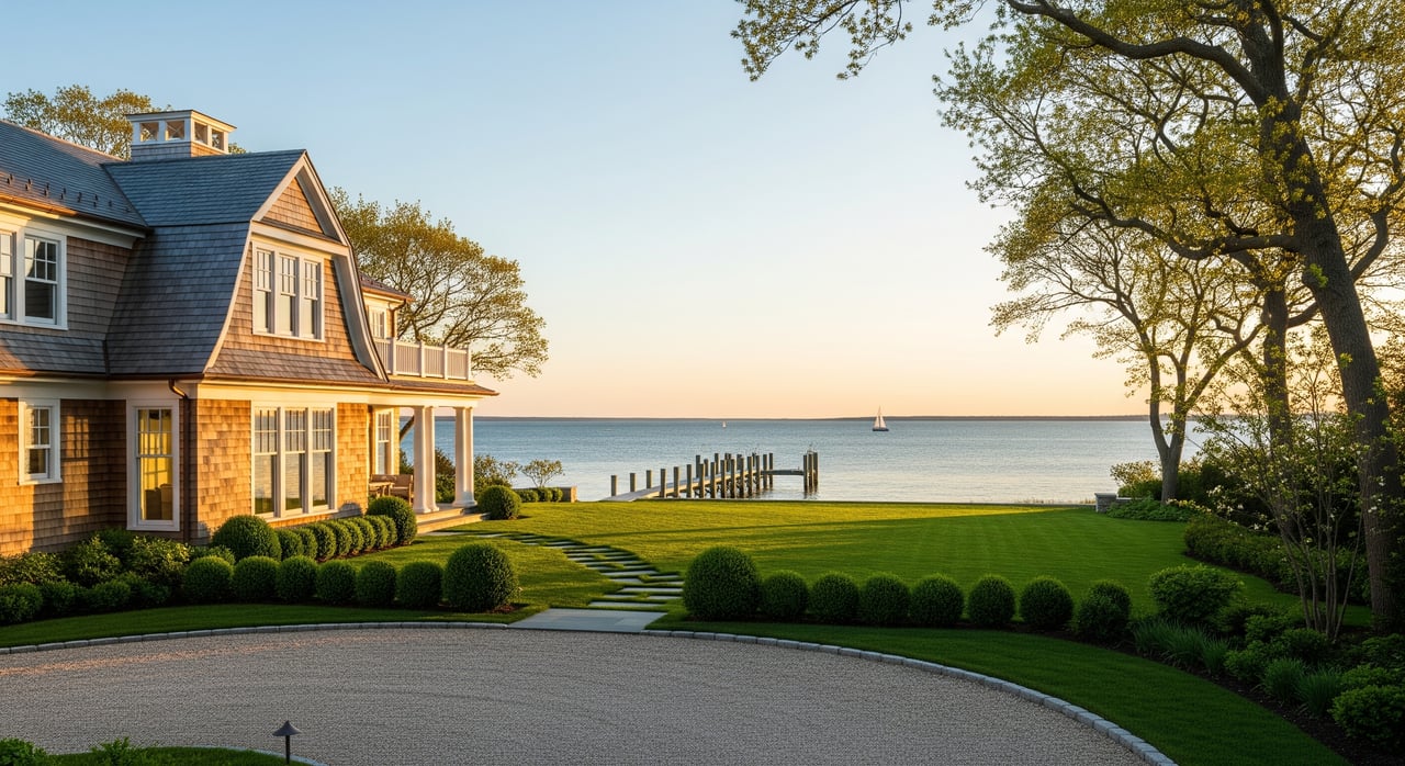 Shingled waterfront house beside a manicured lawn, with a sailboat on the calm horizon.