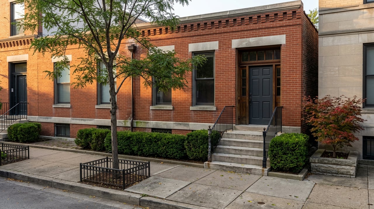Red brick rowhouse with limestone trim, an iron-railed stoop, and a street tree beside a clipped boxwood hedge.