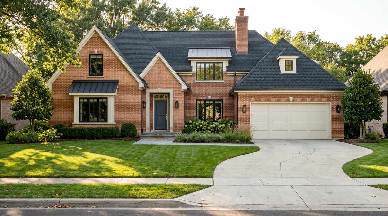 Upscale brick house with multiple front gables, a curved driveway, deep lawn, and mature trees.
