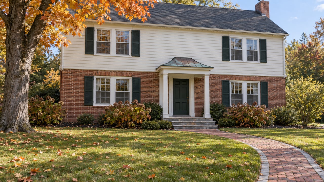 Two-story brick and ivory-clapboard home beyond an autumn lawn, with a curved brick walk and orange sugar maple.