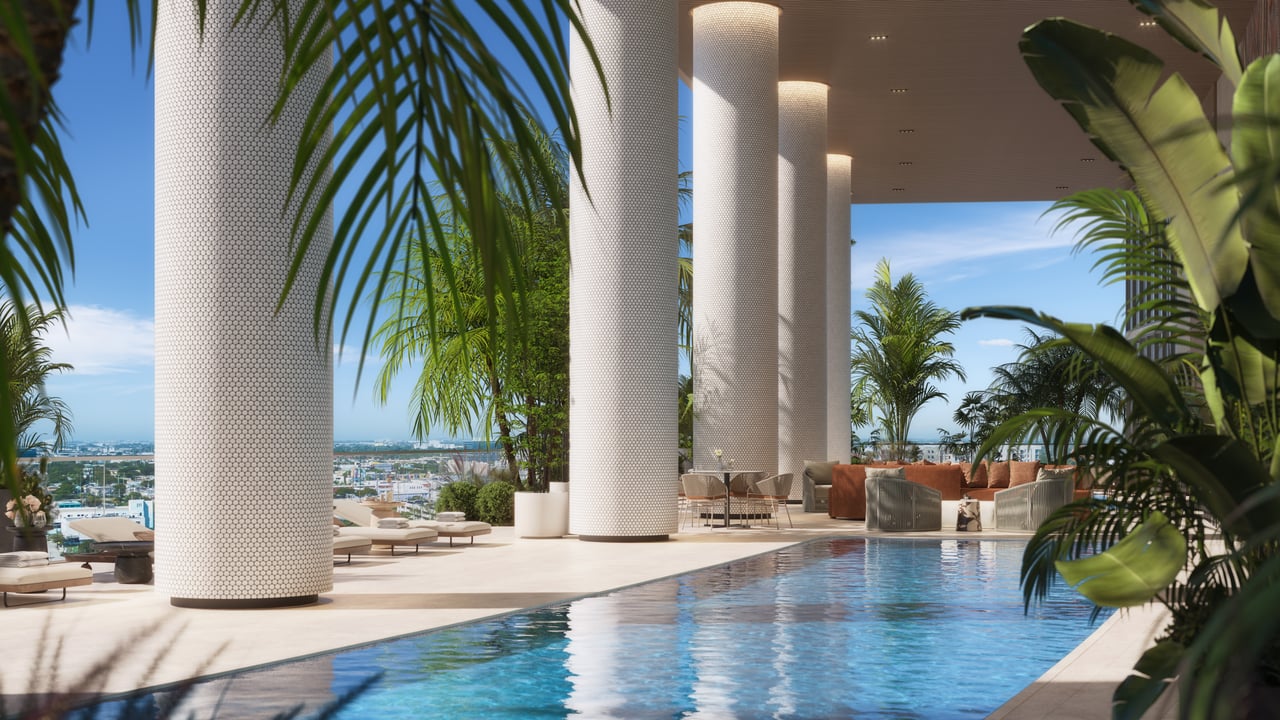 Rendering of the Edge House Miami pool with a palm-lined terrace and city views