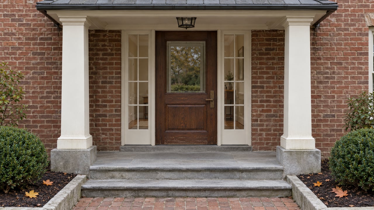 Brick home entrance with a dark wood door, white columns, stone steps, and fallen autumn leaves.