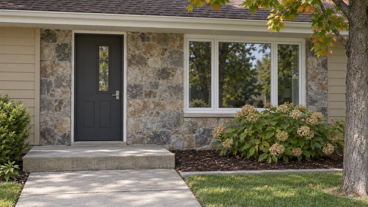 A single-story home's charcoal front door, fieldstone entry surround and buff siding beside a white-framed window, with a concrete stoop and hydrangea.