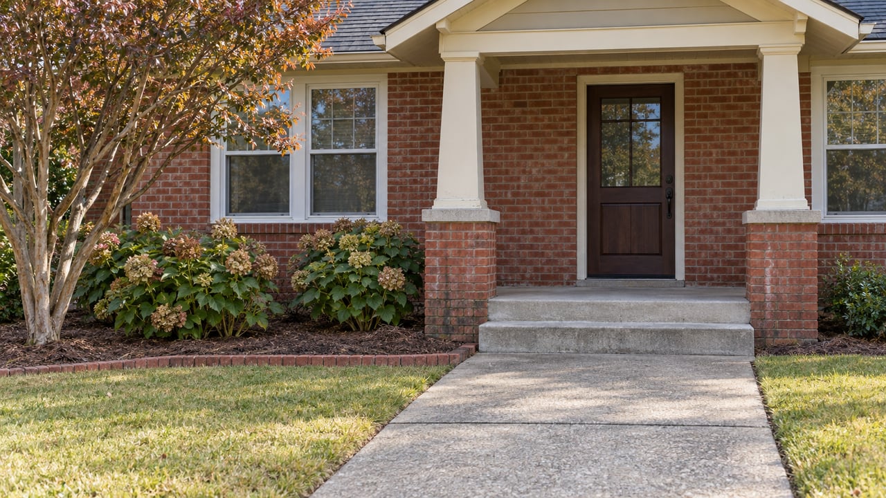 Red-brick cottage with a cream-columned porch, concrete approach, autumn hydrangeas and a sculptural crape myrtle.
