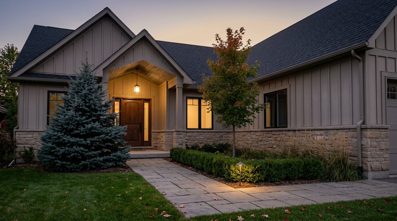 Stone-and-siding home entry with a glowing pendant, warm windows, and a paver walkway at dusk.