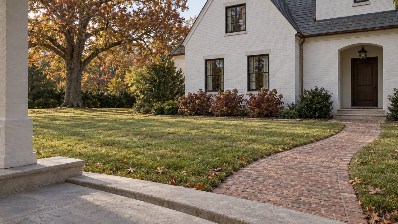 Limestone porch steps overlook a deep autumn lawn, a mature oak and a white-painted brick home with black windows and a slate roof.
