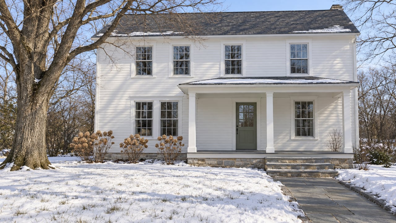 White clapboard home with a covered porch and cleared stone walk across a snowy yard beneath a bare sugar maple.