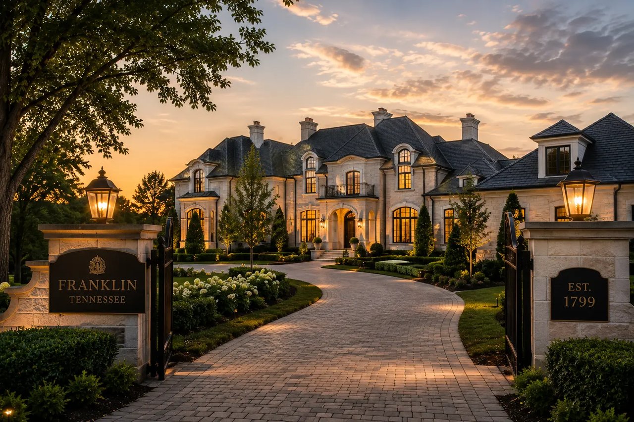 Elegant luxury estate in Franklin, Tennessee featuring custom architecture, manicured landscaping, and a grand entrance.