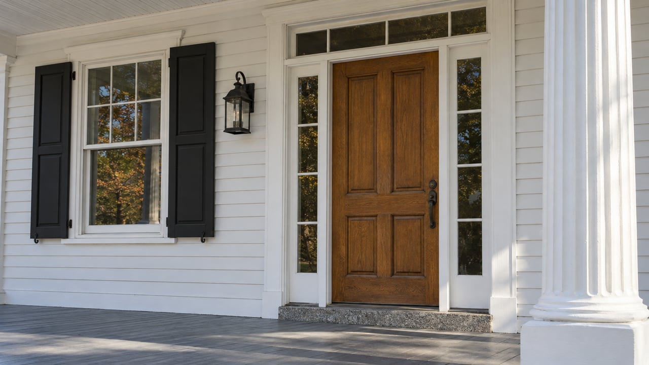 Sunlight grazes a white clapboard porch with a wood front door, glazed sidelights, black shutters and a fluted white column.