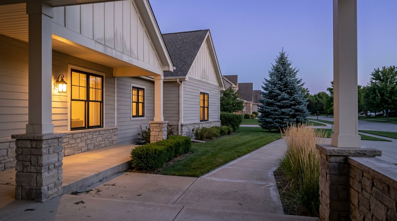 Warm window glows in a two-story home with stone porch piers and a lawn-side walkway.