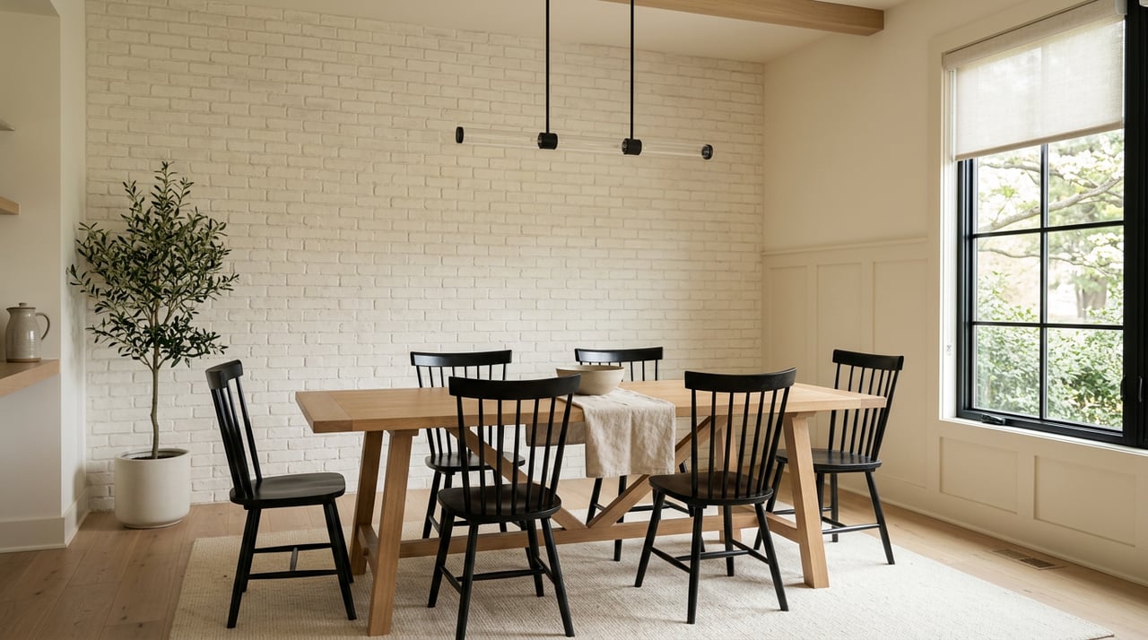 White-oak dining table with a linen runner and stoneware bowl, black Windsor chairs, and a tall window.