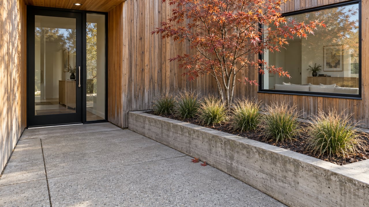 Cedar-clad home entry beside black-framed glazing, a concrete courtyard and a raised planter with an autumn maple and grasses.
