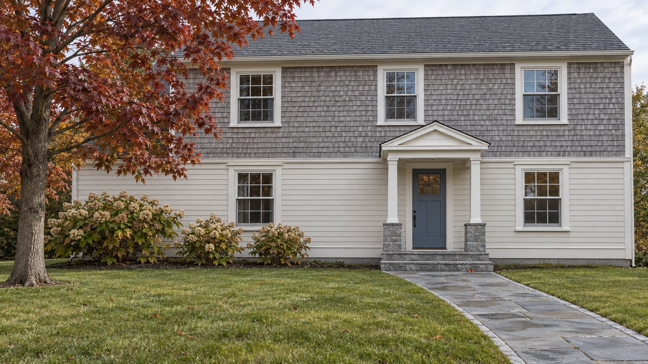 Silver-shingle and ivory-clapboard home with a blue front door, granite entry steps, deep autumn lawn and red maple canopy.