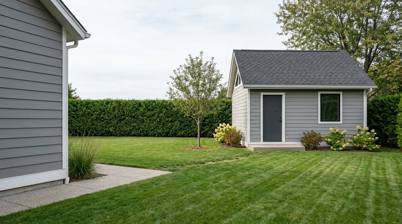 Gray backyard cottage with a gabled roof and charcoal door across lawn from matching house.