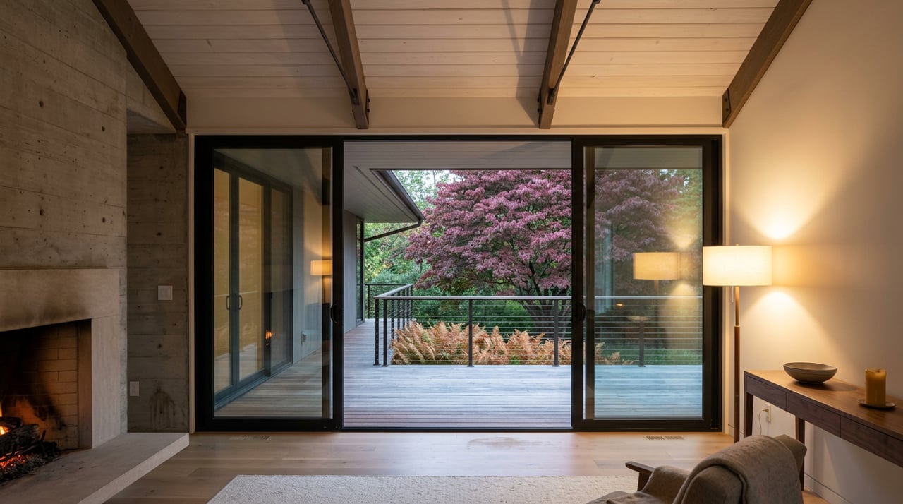Vaulted timber-beam great room with a limestone fireplace, walnut console, and redbud visible through glass doors.