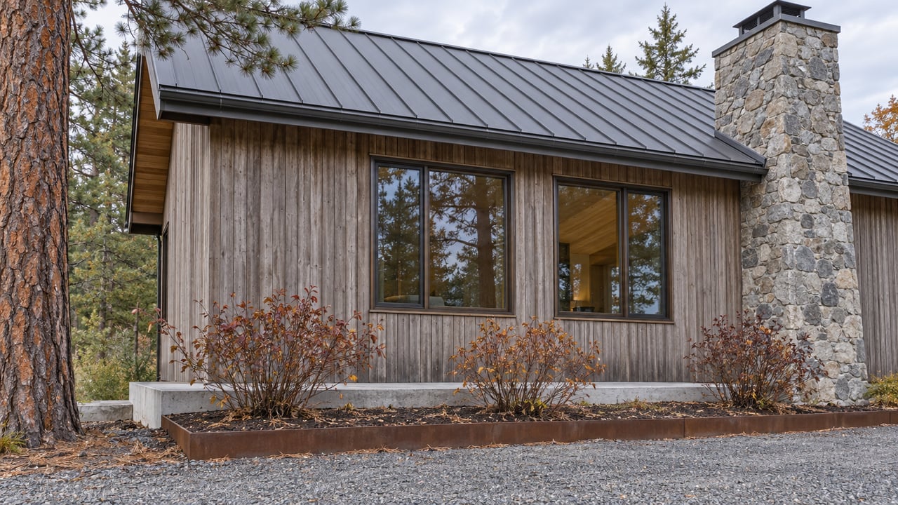 Weathered cedar home with a charcoal metal roof, stone chimney and bronze-framed windows beside a ponderosa pine.