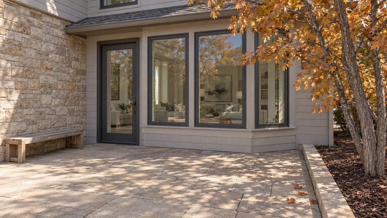 Autumn sunlight falls across a sandstone-trimmed home's glazed rear terrace, with a teak bench and a copper-leaved oak.