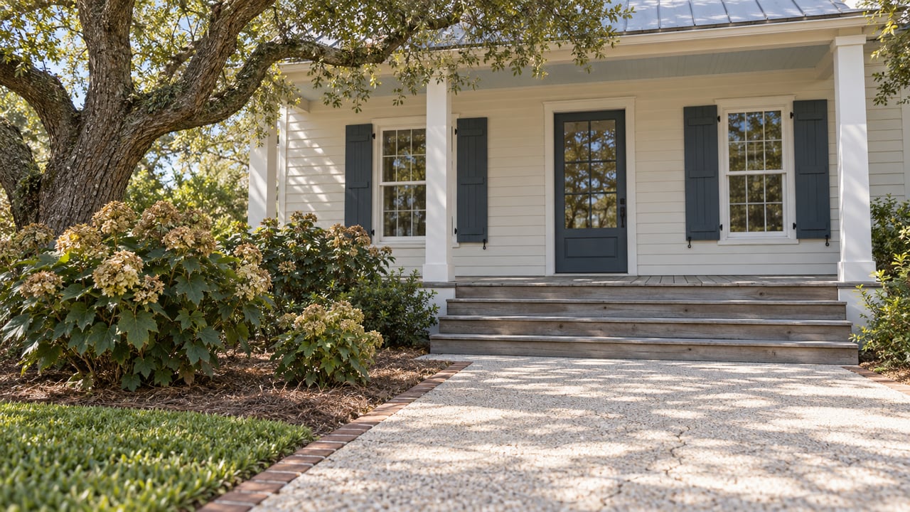 A raised ivory clapboard porch with blue shutters, weathered timber steps and a shell-concrete garden approach beneath a mature oak.