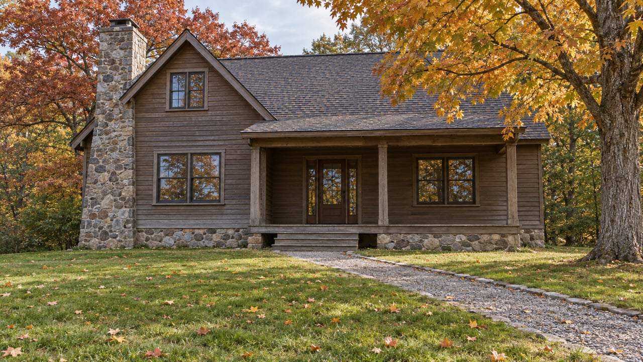 Cedar-sided gabled home with a stone chimney and covered porch beyond an autumn lawn and gravel path, framed by amber maple and russet oak foliage.