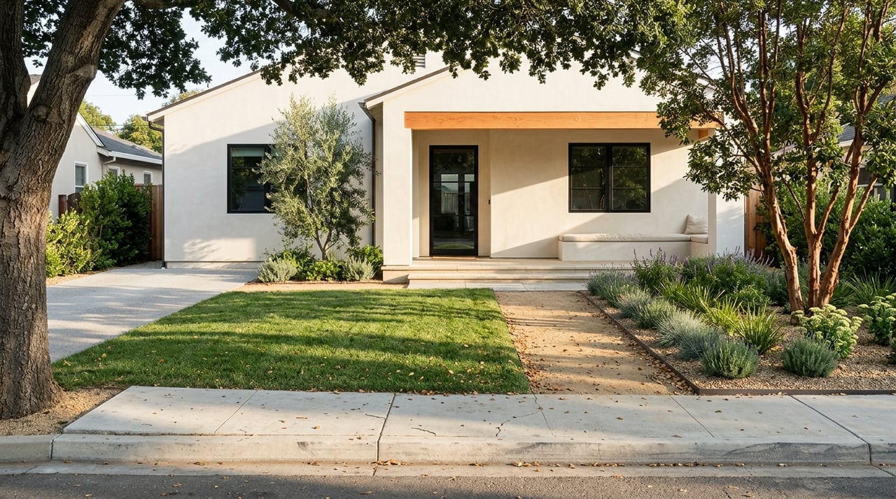 Stucco-and-timber home set behind a lawn and decomposed-granite walk, beneath an oak canopy.