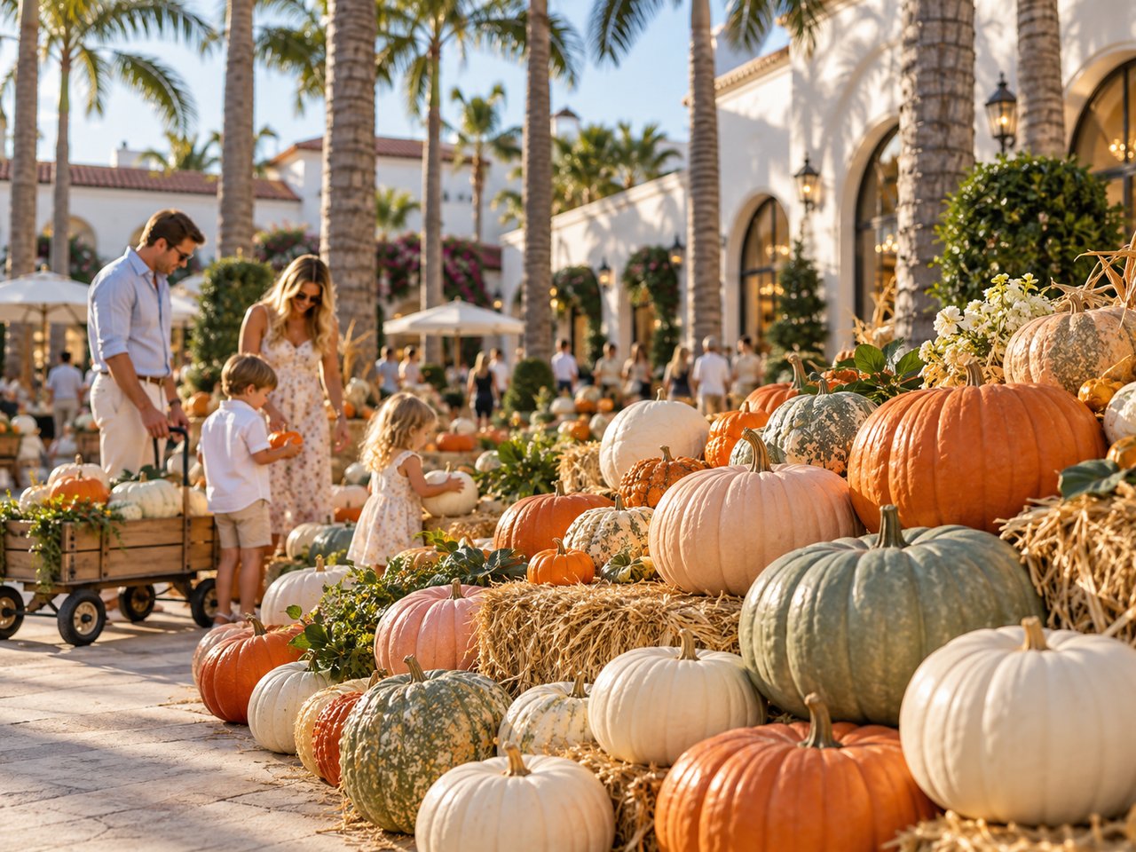 Heirloom pumpkins stacked beneath palm trees in a courtyard at The Royal Poinciana Plaza in Palm Beach, Florida
