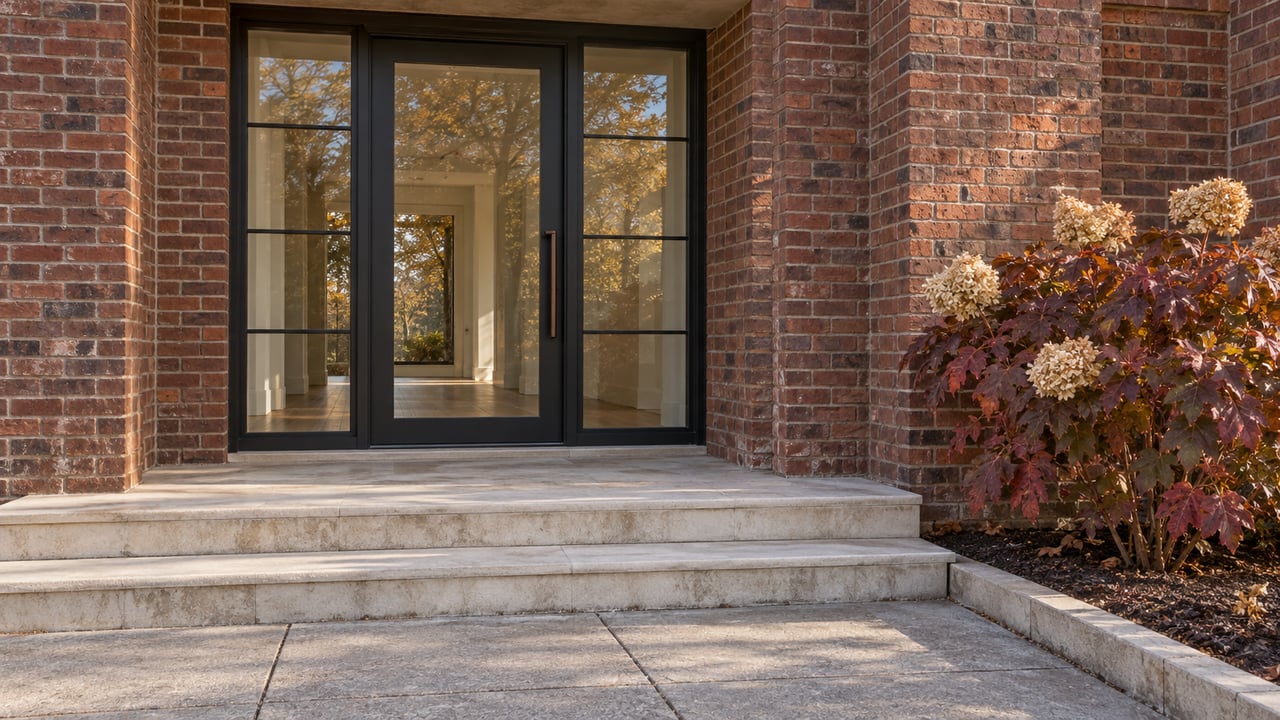 Deep-rust brick home entrance with black-framed glass door, pale limestone steps and autumn oakleaf hydrangea.